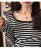 Korean Square Neck Flare Sleeve Slimming Retro Striped Long Sleeve Top for Women