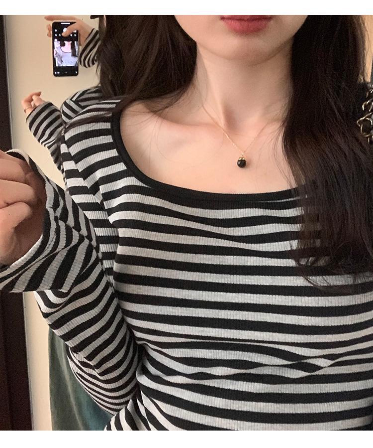 Korean Square Neck Flare Sleeve Slimming Retro Striped Long Sleeve Top for Women