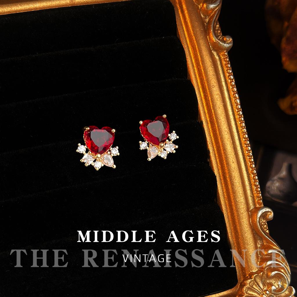 

Burgundy~ Red Zircon Earrings Collection French Retro Hong Kong Style Earrings Women