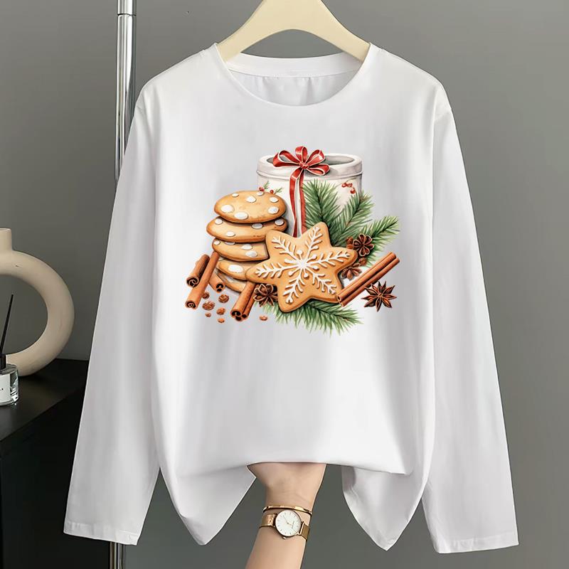 (Asian Size) sweet merry style Print T Shirt Christmas holiday Graphic Tee Women autumn winter Casual Fashion Top Clothing Long Sleeve T-shirts