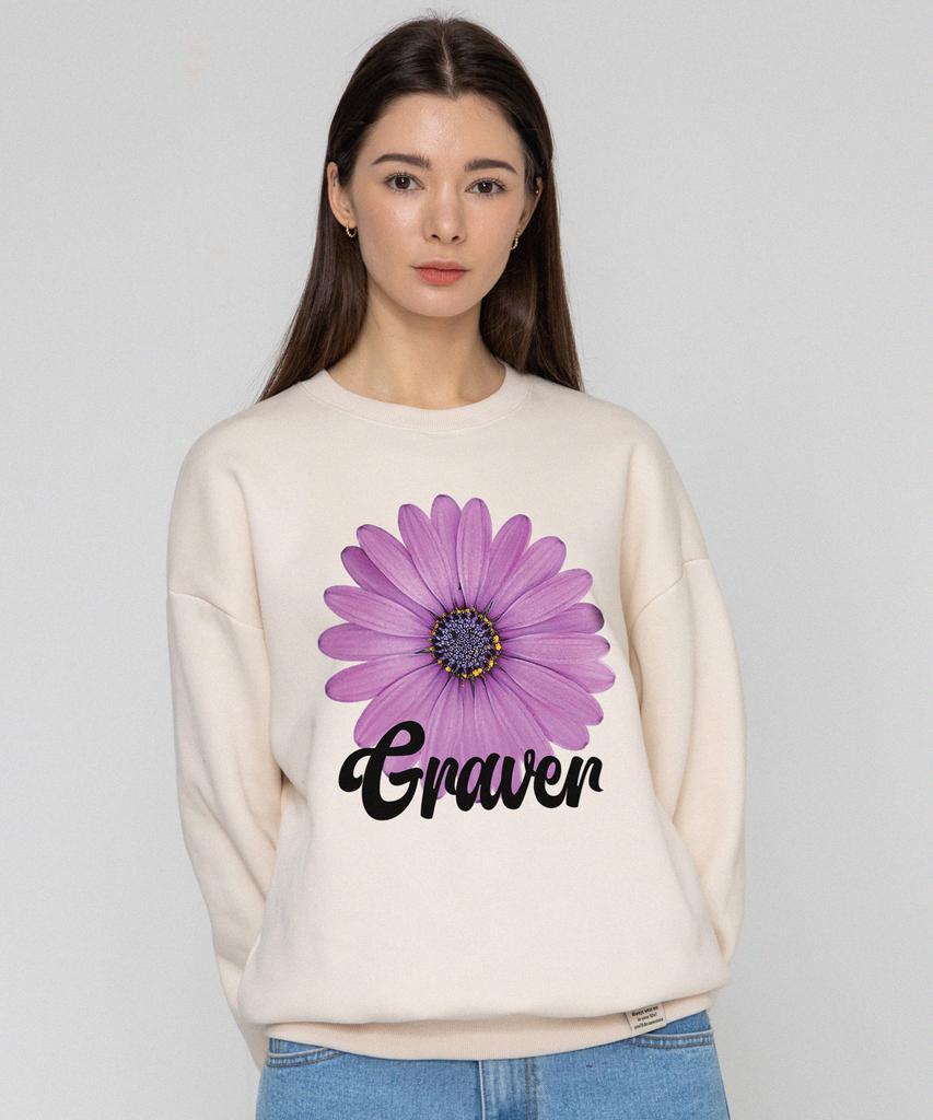 GRAVER [Unisex] Purple Daisy Flower Smile Sweatshirt_Cream