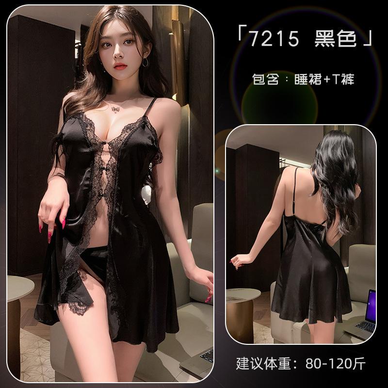 Sexy Slit Strap Nightdress Imitation Silk Summer Backless Bed Flirting Pure Desire Erotic Women'S Dress Elegant V Neck Top Uy5T