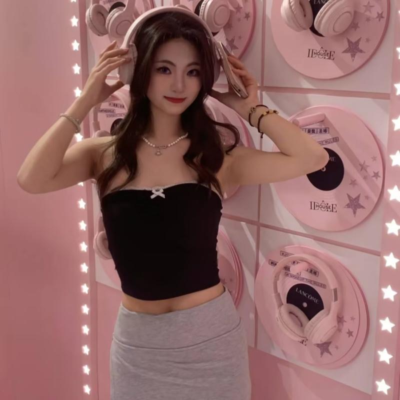 Kontrastní mašle prošívaný trubkový top Léto Harajuku 90. léta Bez ramínek Dámské zkrácené topy Vintage y2k Ležérní základní trička Roztomilá vesta