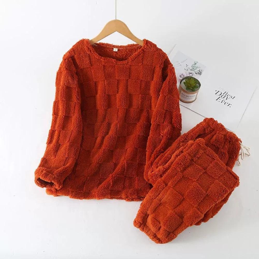 **Kadın Flanel Pijama Takımı Yuvarlak Yaka Jakarlı Uzun Peluş Kalın Sıcak Ev Giyimi**