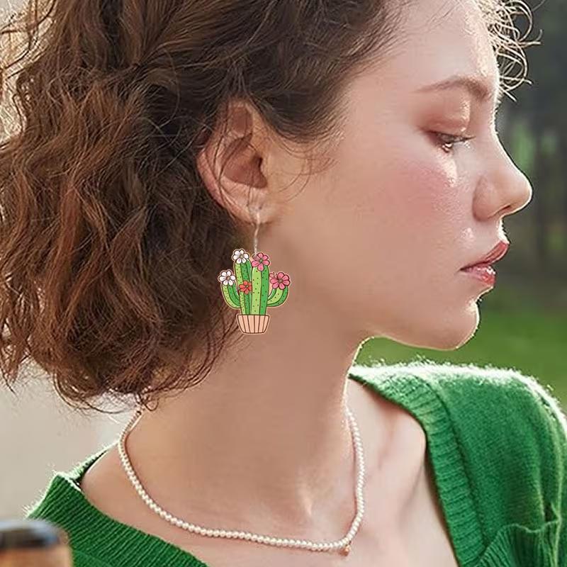 Cross-border New Spring Plant Cactus Potted Earrings 2D Flat Acrylic Mexican Five-section Earrings