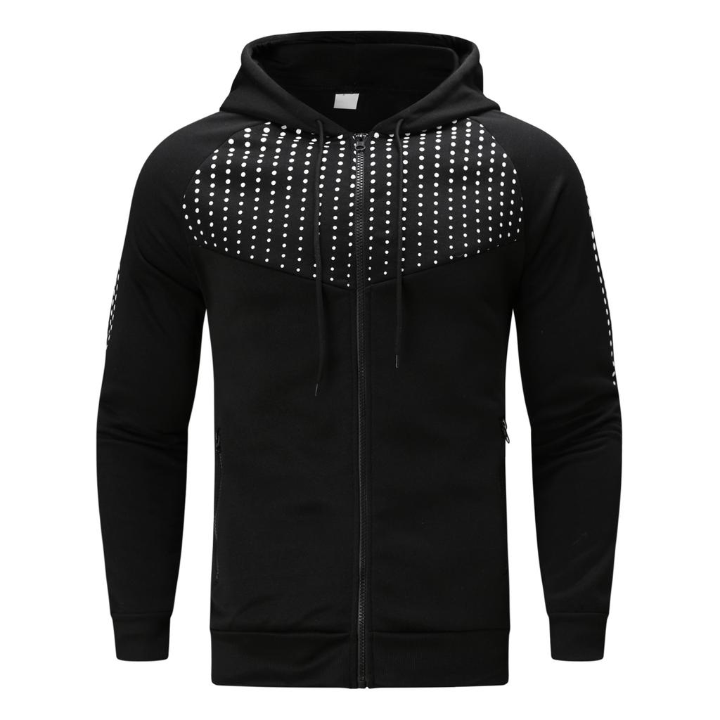 Autumn Winter Men Long Sleeve Sweatshirt Polka Dot Print Hooded Zip Up Pocket Casual Hoodie Men's Sports Coats