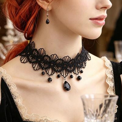 Women Girls Gothic Black Lace Necklace Boho Crystal Sexy Halloween Party Lace Necklace