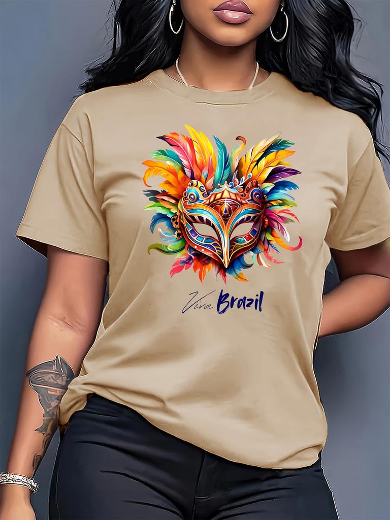 Womens Carnival Short Sleeved Top Viva Brazil Feather Mask Printed Round Neck Tshirt Summer Womens Essential Casual Top