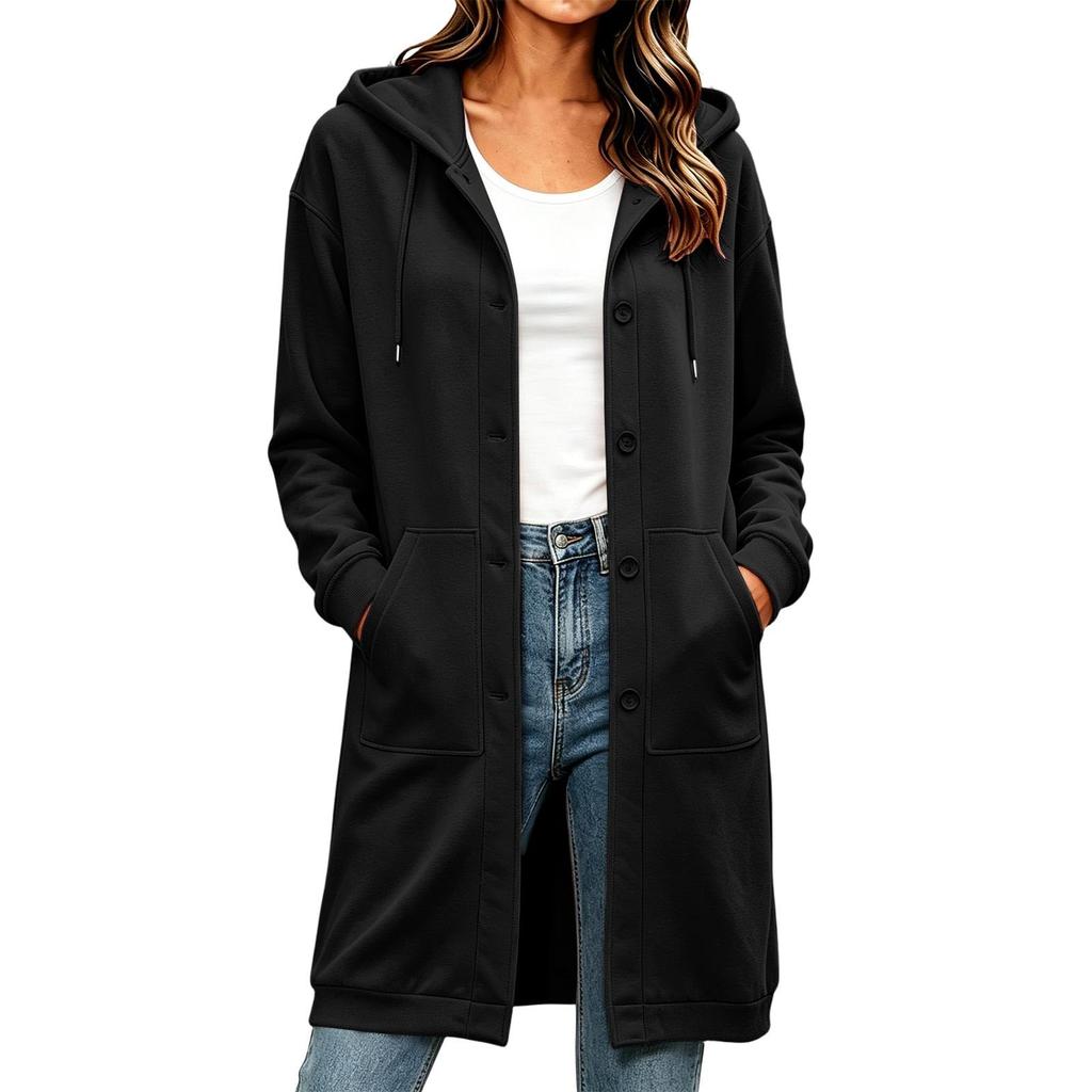 Women's Color Long Sleeve Hoodie Sweatshirt with Buttons and Drawstring - Loose Fit Mid-Length
