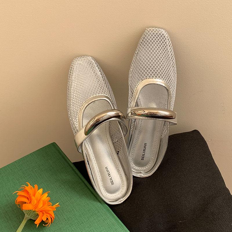 Fashion Fashion Metal Female Flats Slippers Sandals Shoes For Women Mules Summer Beach Slides Footwear Mesh Ladies Flats Slippers Shoes
