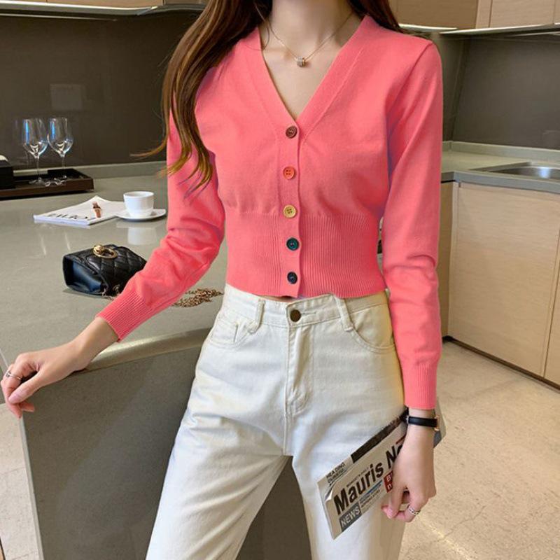 Women's Long Sleeve Slim Knit Cardigan with Colorful Buttons