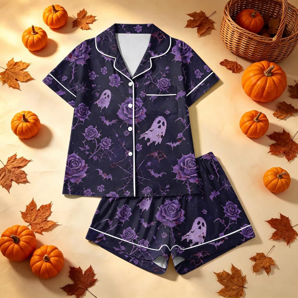 Women's Halloween Printed Pajama Two-Piece Set - Comfortable Sleepwear for Home & Sleep