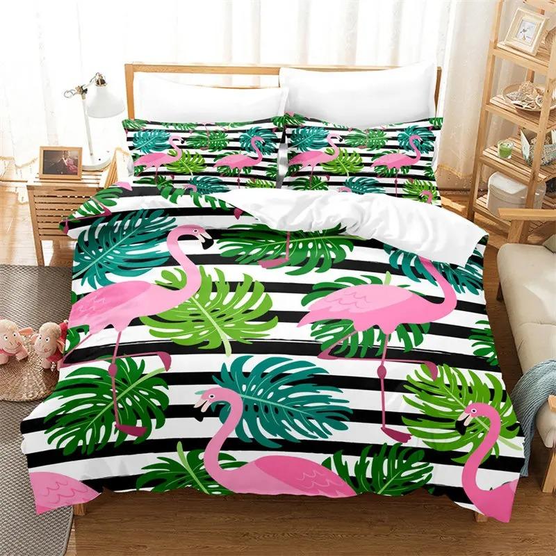 Flamingo Duvet Cover Palm Leaves Comforter Cover for Girls Boys Teens Cute Animal Tropical Botanical Bedding Set Twin King Size