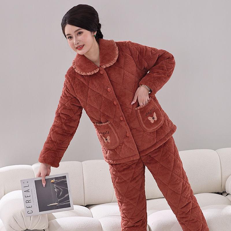 Damen Winter Korallfleece Gesteppter Pyjama - Dickes Flanell Warmes Hausanzug-Set für Mittelalte und Ältere Mütter