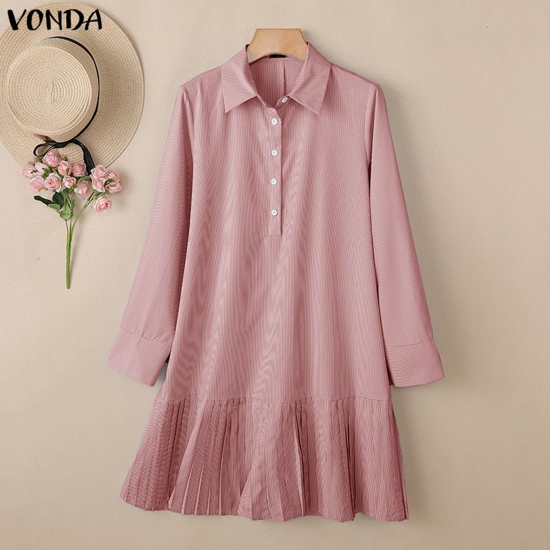 VONDA Elegant Women Lapel Neck Long Sleeve Striped Ruffled Casual Shirts Dress