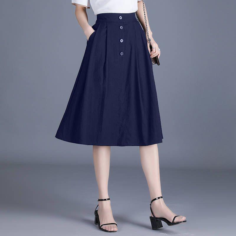 Nylon Cotton Bamboo Linen Skirt Women's Stylish Button Umbrella Skirt Young Casual Mid-length A-line Skirt Elastic Waist Skirt