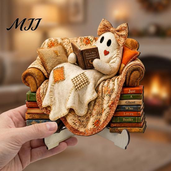 Rustic Halloween Ornaments Cute Ghost Ornament, Cartoon Festive Wooden Statue, Theme Party Creative Ornament for Home Atmosphere Props Wood