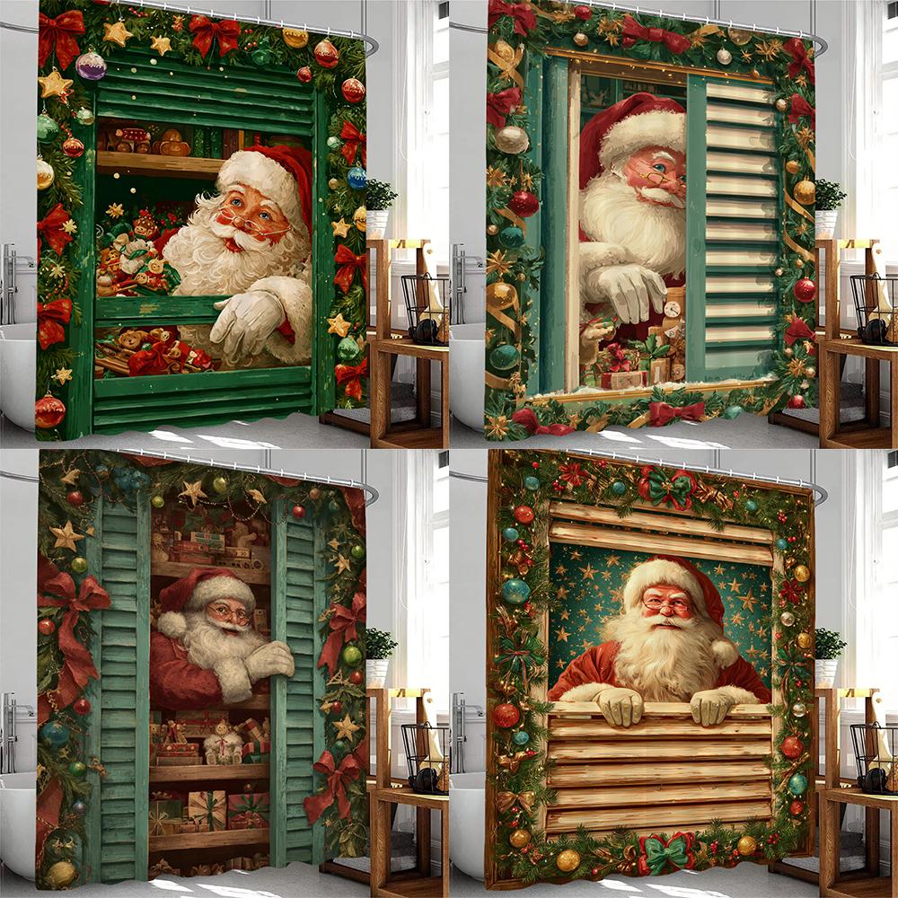 Christmas Shower Curtain Snowman Santa Claus Bath Curtain Bathroom Curtain With Hooks home Christmas holiday decorative curtain