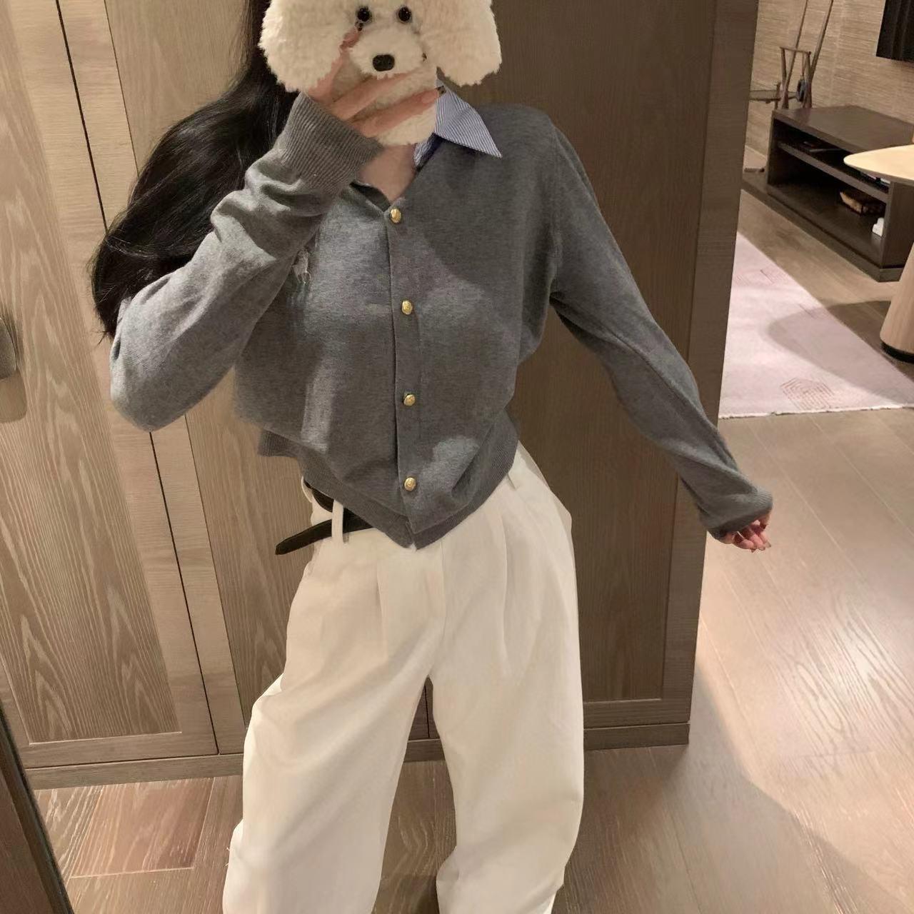 

Жіночий в язаний кардиган Ralph Lauren у стилі печворк з вишивкою та коміром ПОЛО One Size Fits All (80-125kg) сірий колір