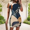 Women Plus Size Round Neck Short Sleeve Blue White Abstract Printed Fitted Mini Dress