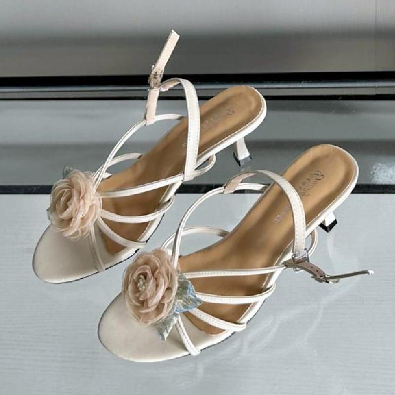 Floral Narrow Strap Designer Branded Sandals for Ladies Summer Open Toe Low Heeled Pumps Elegant Party Dress Buckle High Heels