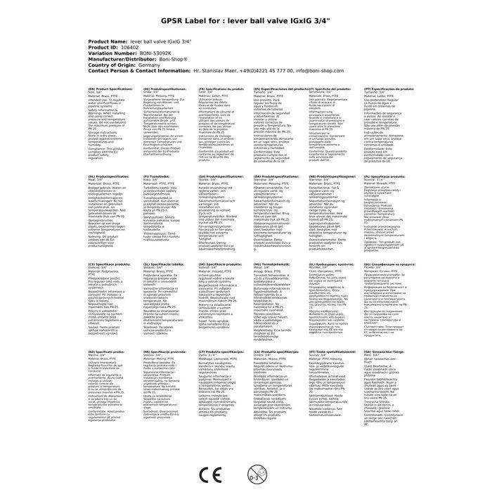 Ball Valve - BONI-SHOP® - IGxIG 3/4" - Brass - Temperature Range - PN 25
