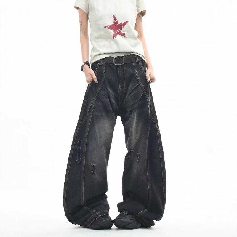 Vintage Washed Distressed Wide Leg Straight Jeans Men Women Loose Fit Casual Denim Pants