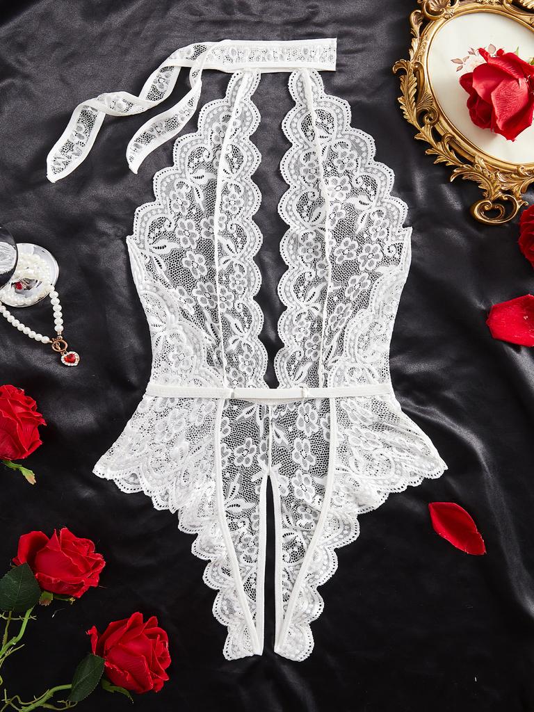 Deep V White Lace Sexy Lingerie For Women Transparent Underwear Set Crotchless Open Ass Bodysuit Female Teddies Erotic Outfits