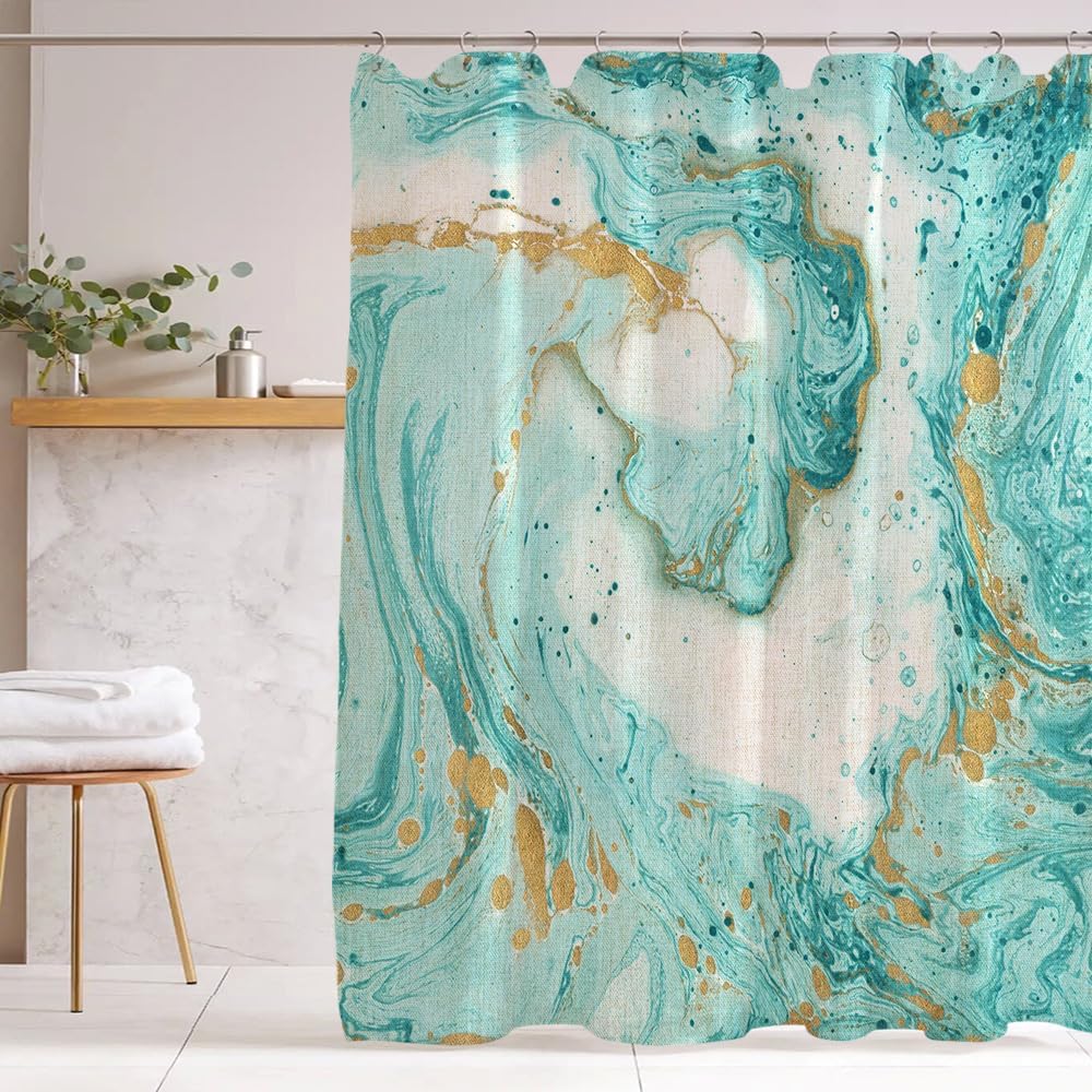 Green Marble Shower Curtain - Watercolor Teal & Gold Lines, Turquoise Aqua, Cotton Linen, Textured Waterproof, Bath Decor"
