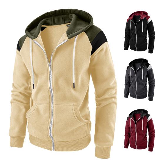 Men Autumn Coat Contrast Colors Hooded Hat Long Sleeves Pockets Warm Plush Drawstring Cardigan Spring Hoodie Coat for Daily Wear
