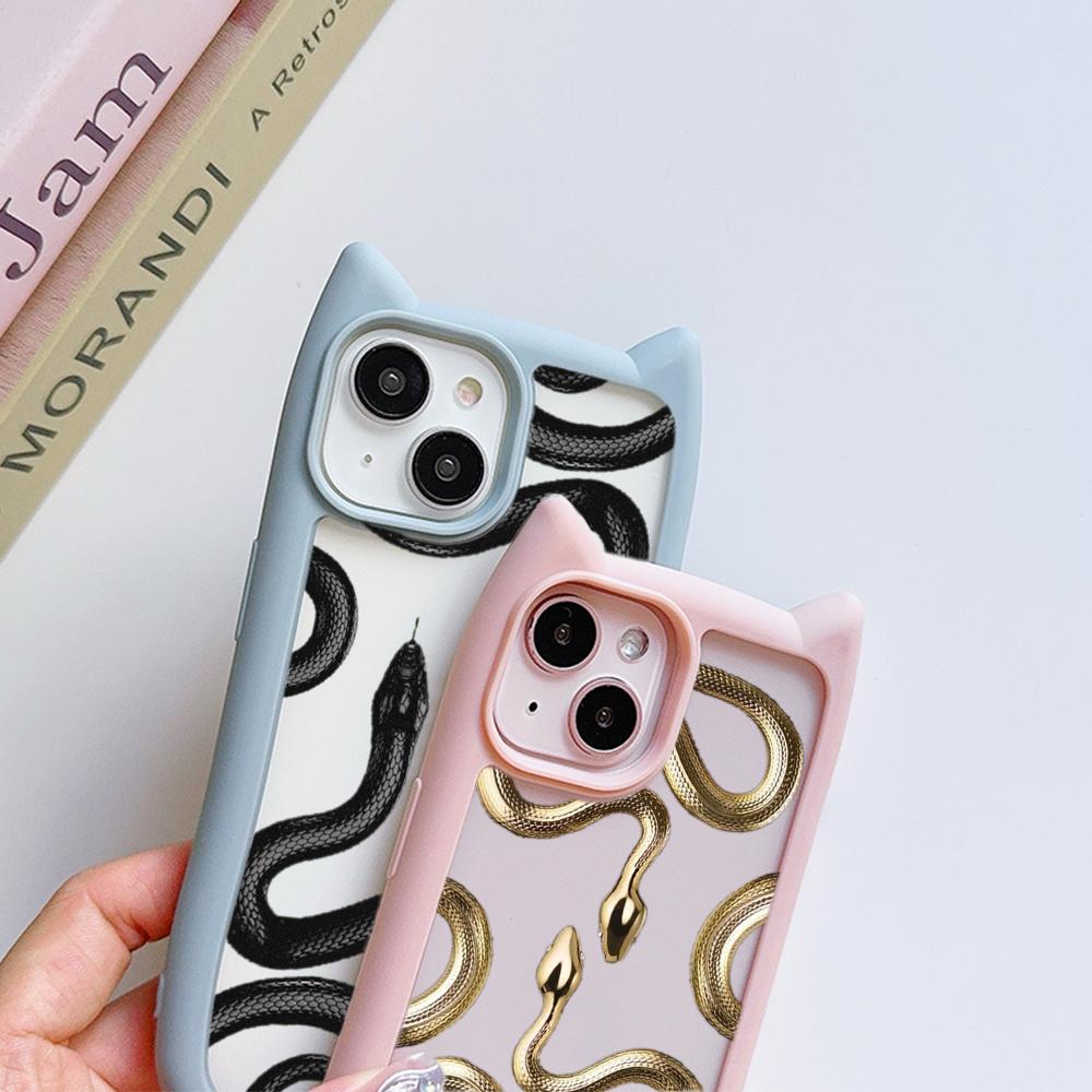 Cat Ear Soft Phone Case for iPhone 16 15 14 13 12 11 Pro Max Plus XR X TPU Anti-Drop Transparent Acrylic Back Cover NY25 Black Gold Snake design
