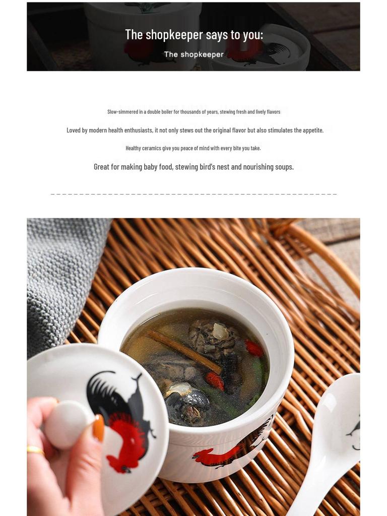 Retro Hahn Keramik Wasserbad-Suppentopf für Einzelportionen: Chinesischer Stil mit Ginseng-Vogelnest.