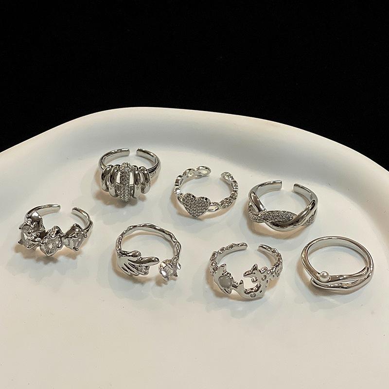 Irregular French Pleated High-End Open Ring Cold Wind Simple Full Of Diamonds Zircon Personality Ring Female