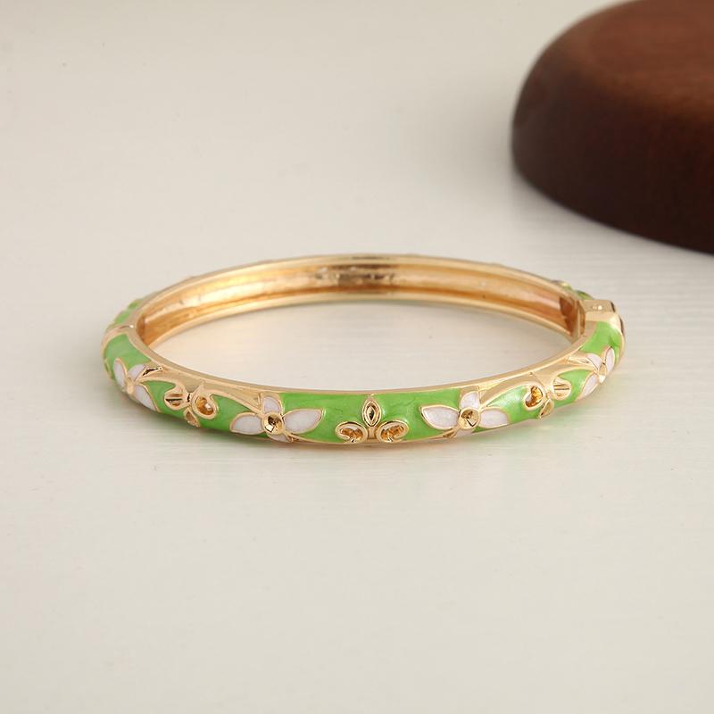 Enamel Floral Bangle Bracelet Gold-Tone Accent Vintage Open Cuff Elegant Bohemian Jewelry For Women Daily Party Gift