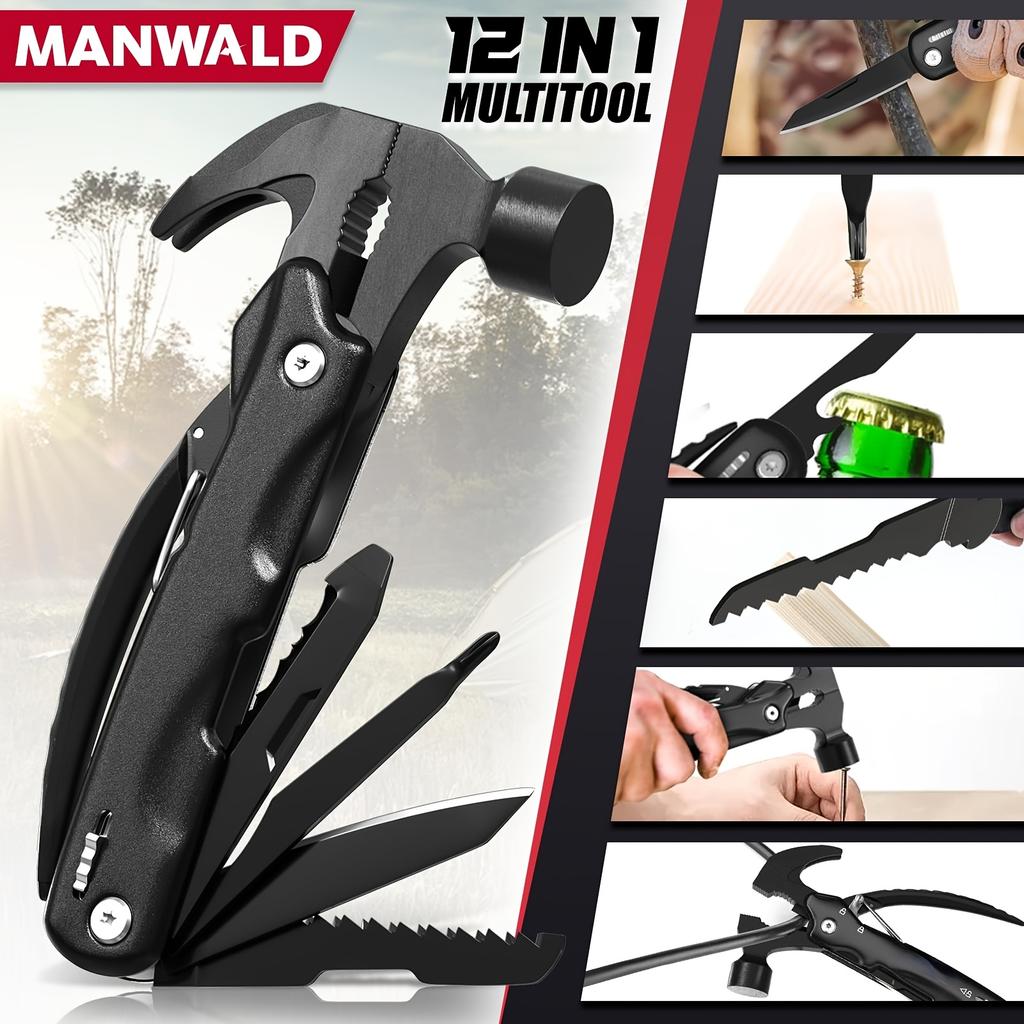 12-in-1 Multi-function Hammer, Multi-function Tool, Outdoor Multi-tool with Safety Lock and Durable Nylon Sheath