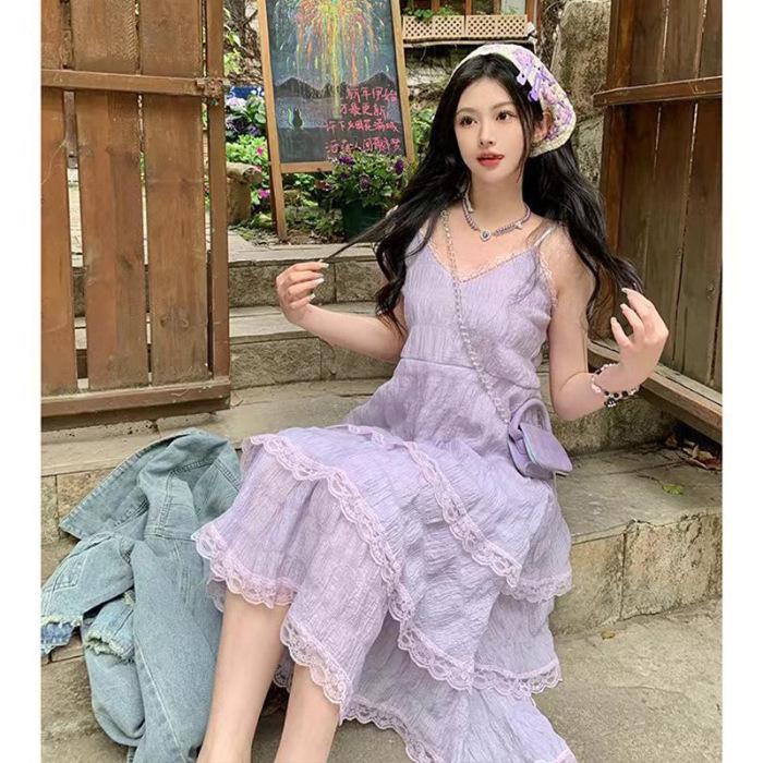 Women's Summer Chiffon Lace-Trim Spaghetti Strap Long Dress - Sweet, Waist-Cinching Style