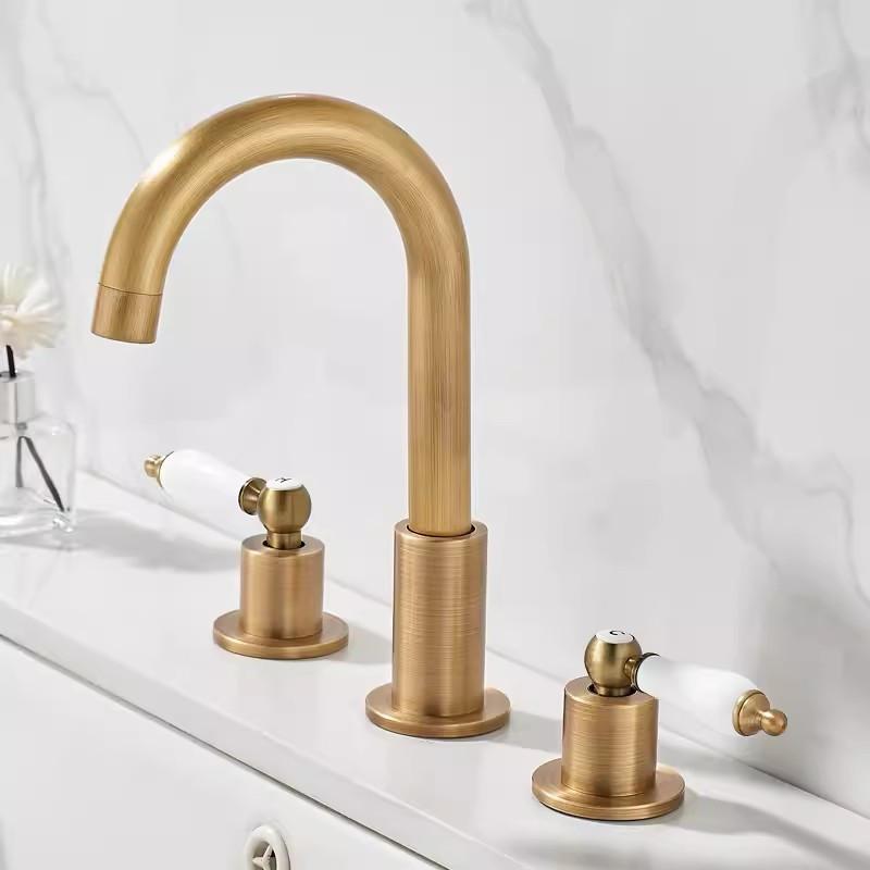 

Tuqiu античный бронзовый смеситель для ванной комнаты, латунный смеситель для раковины, латунный смеситель для раковины, 3 отверстия, двойной рычаг, кран для горячей и холодной воды