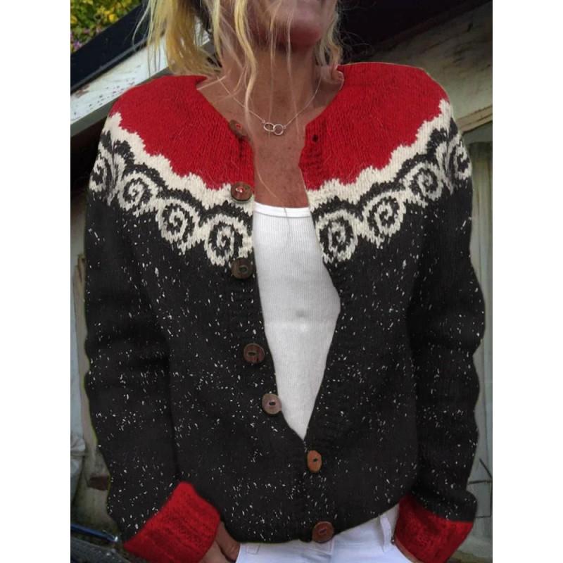 Womens Color Block Knit Cardigan Loose Fit Long Sleeve Geometric Casual Commute Style