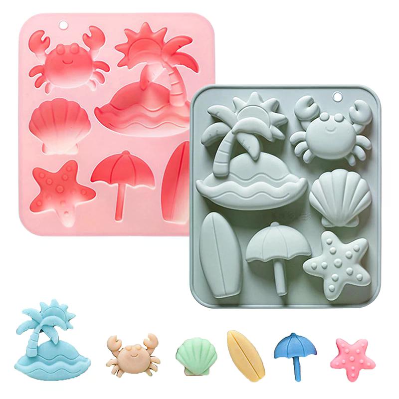 6-fach Silikonform Tropischer Strand Thema Sommer Tier Krabbe Muschel Fondant Süßigkeiten Schokolade Form DIY Backzubehör