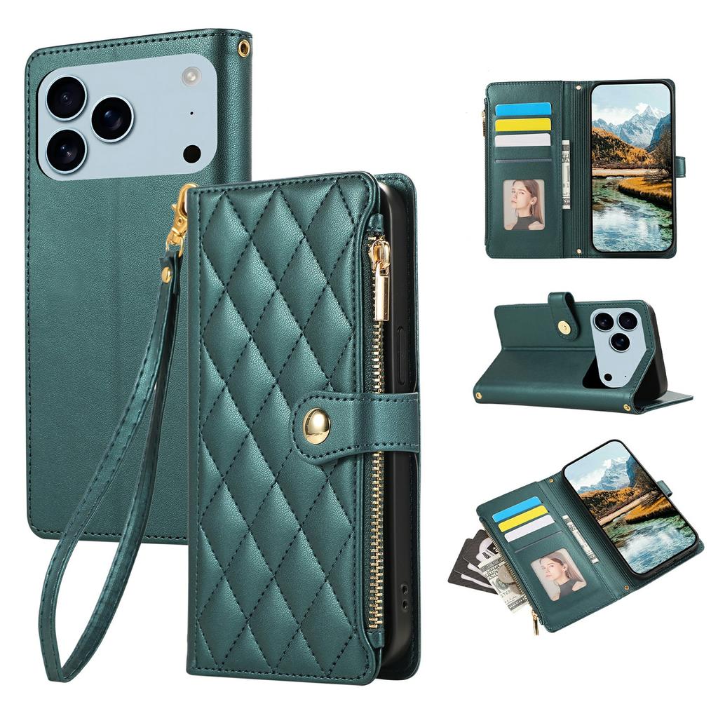 For iPhone 17 Pro Max Case Multi Card Slots Zipper Rhombus Leather Phone Cover with Wrist Strap