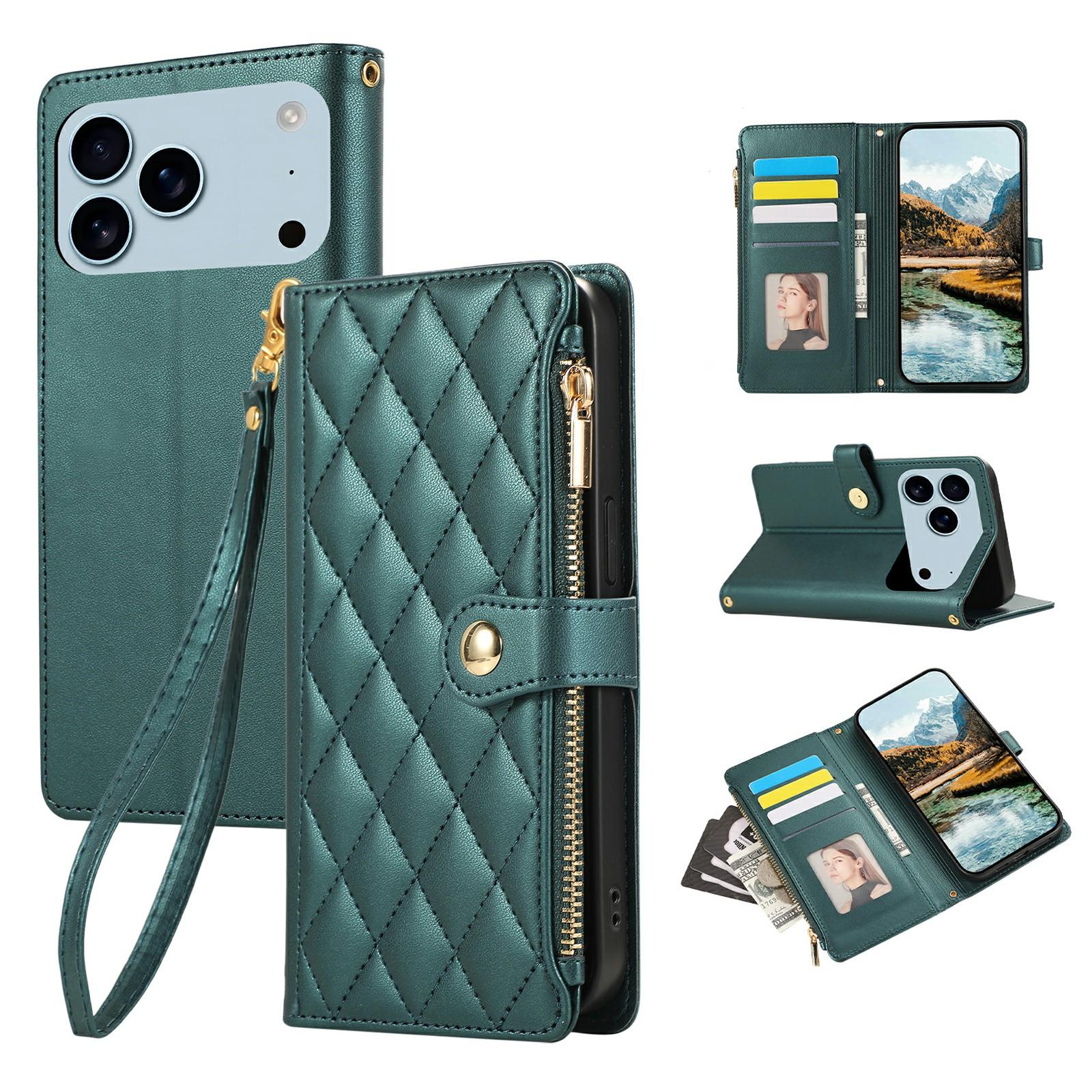 

For iPhone 17 Pro Case Multi Card Slots Zipper Rhombus Leather Phone Cover with Wrist Strap Green