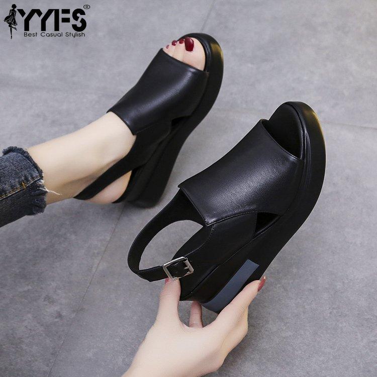 Summer Women Wedge Shoes Solid Color Open Toe High Heel Sandals Casual Ladies Fashion Buckle Strap Women Sandals