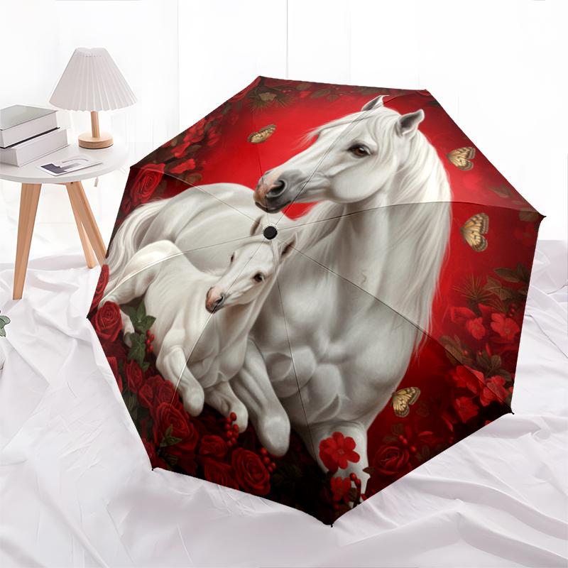 1 PC Automatic Folding Umbrella - Red Rose Horse Pattern, Portable & Foldable Design with 8 Ribs, Christmas Birthday Gifts