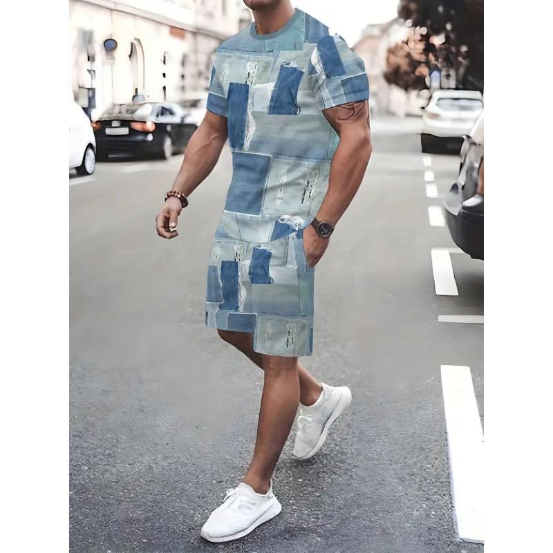Summer Men's Clothing Letter Print Short Sleeve Top Men's Elastic Waist Shorts 2-piece Set Plus Size T Shirts Shorts Set