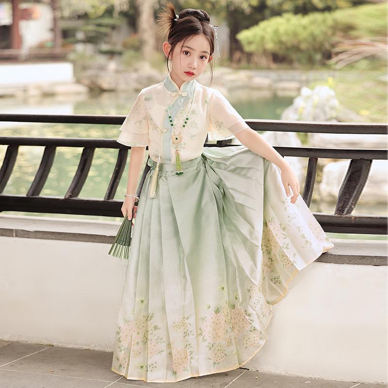 Girls 2025 Hanfu Ma Mian Skirt: Summer Tang Suit Set with Chinese & National Style 150cm