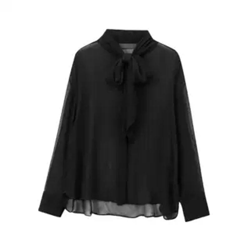 

Za Autumn New Women s Clothing Fashion Style French Minority Bowknot Decoration Print Long Sleeves Shirt 8636068 Black L