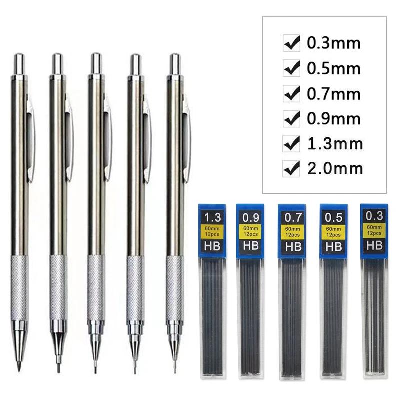 Metal Mechanical Pencil 0.3/0.5/0.7/0.9/1.3/2.0mm Drawing Automatic HB Pencil Set with Leads Office School Writing Art Supplies