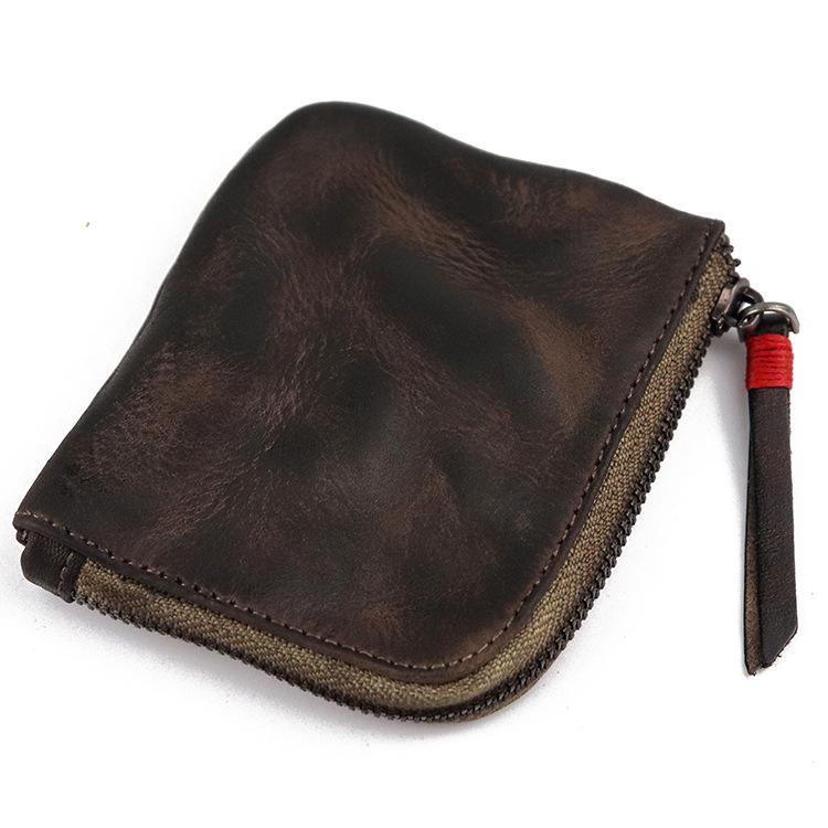 Layered Vegetable Tanned Leather Coin Purse Handmade Vintage Style Zipper Simple Mini Coin Bag