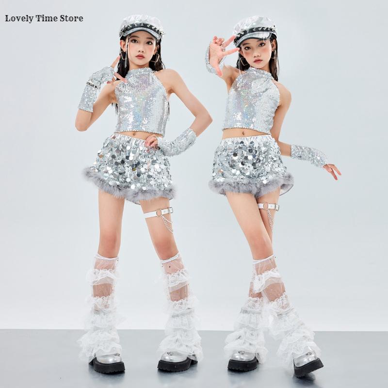 Hip Hop Girls Shiny Silver Crop Top Street Dance Sequin Shorts Kid K-pop Jazz Clothes Set Children Girl Group Streetwear Costume
