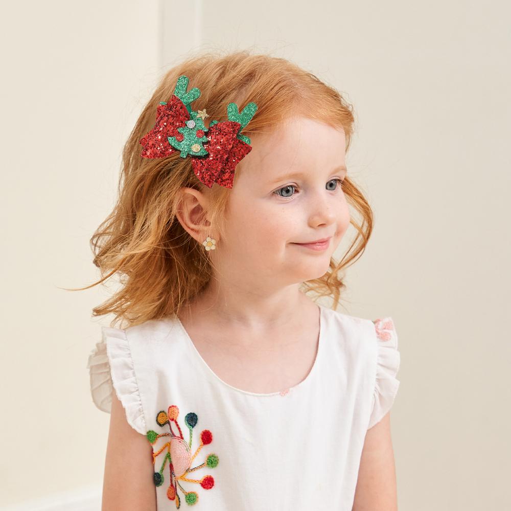 2pcs Glitter Christmas Kids Bows Hairpin for Girls Antlers Printed Fabric Ponytail Clips Christmas Holiday Prom Hair Accessories